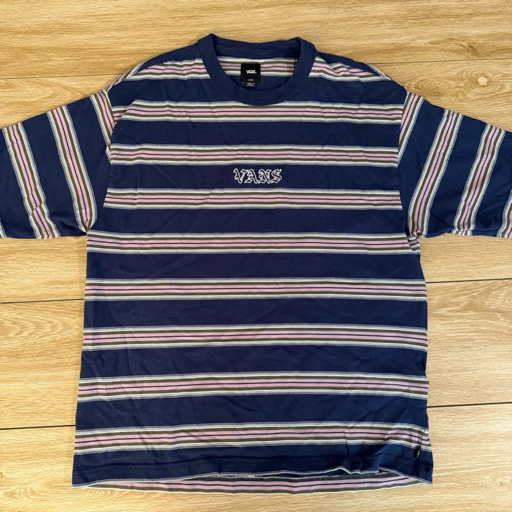 Men's Vans Loose Fit Navy Blue and Pink Striped Tee Size Large